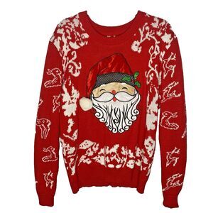 Christmas Ugly Sweater Santa Reindeer Pom Pom Knit Holiday Womens XL Red Acrylic